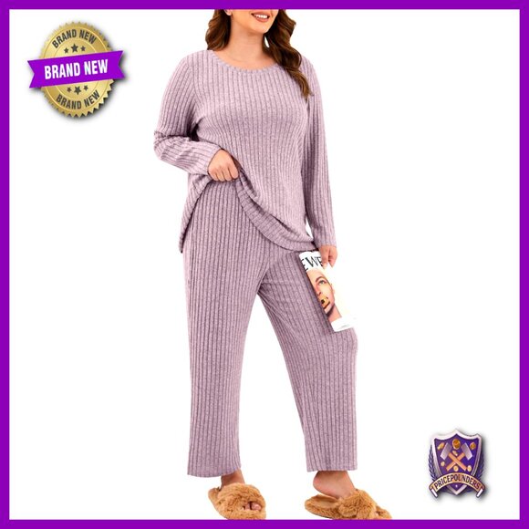 Plus Size Lounge Pajama Set Long Sleeve Ribbed Top Wide Leg Pants Pockets